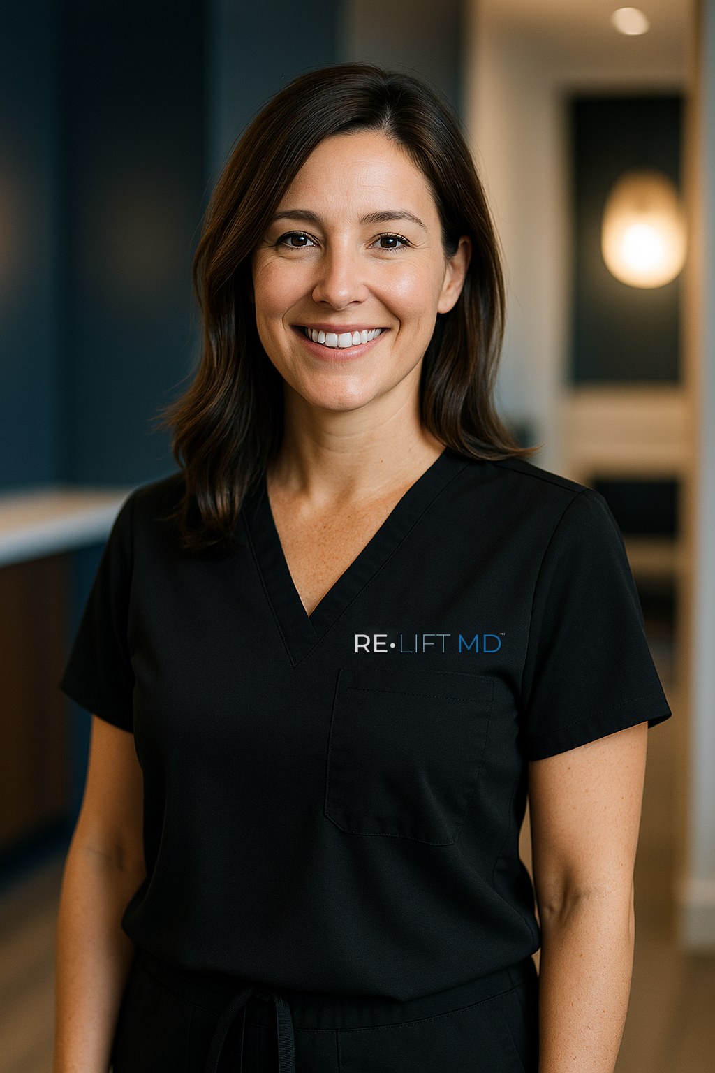 A smiling RE•LIFT® Procedure Manager in black RE•LIFT MD scrubs
